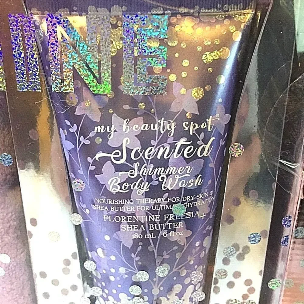 NWT sparkle shine deluxe 4 Pcs set body wrap,hair towel turban,shower pouf & gel